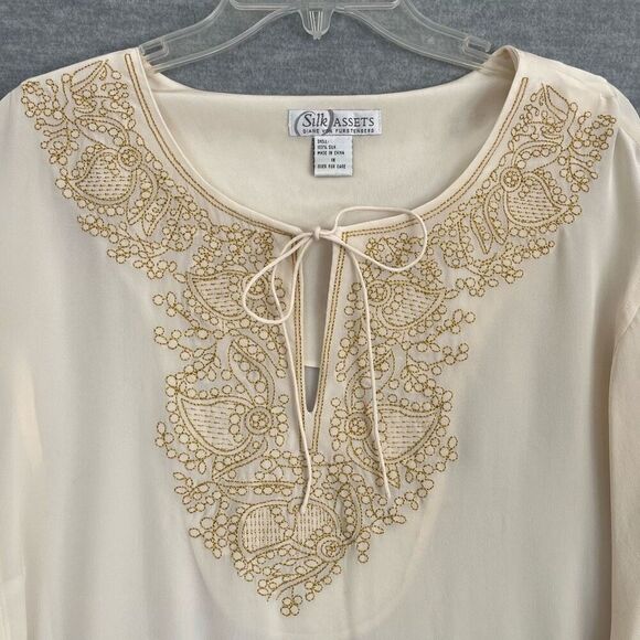 Diane von Furstenberg Embroidered Silk Tunic Womens 1X Cream Gold Sheer Elegant - Picture 3 of 10